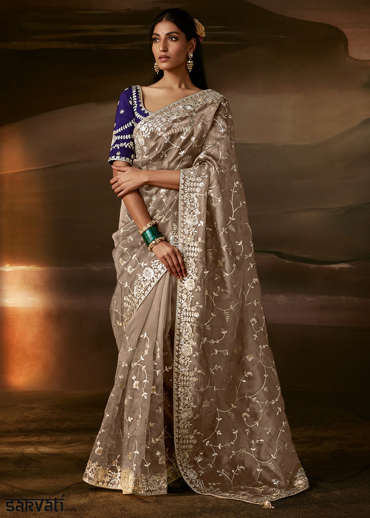 Taupe Grey Organza Saree with Floral Embroidery and Sequin Detailing