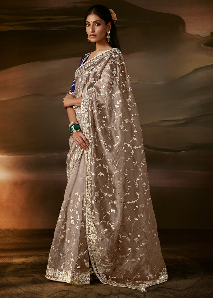 Taupe Grey Organza Saree with Floral Embroidery and Sequin Detailing