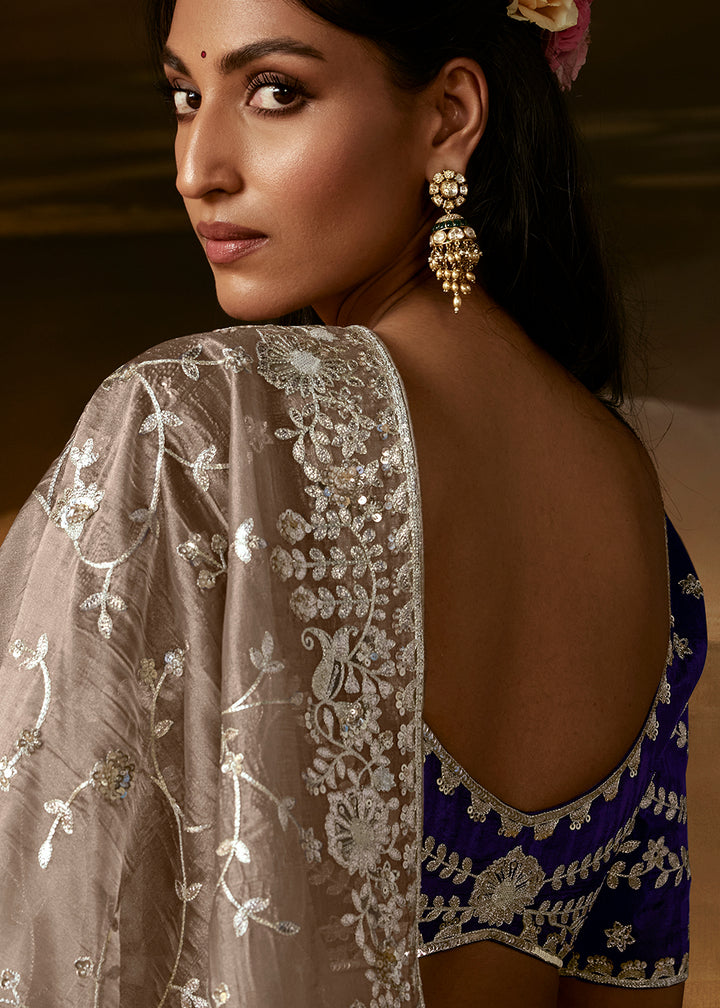Taupe Grey Organza Saree with Floral Embroidery and Sequin Detailing