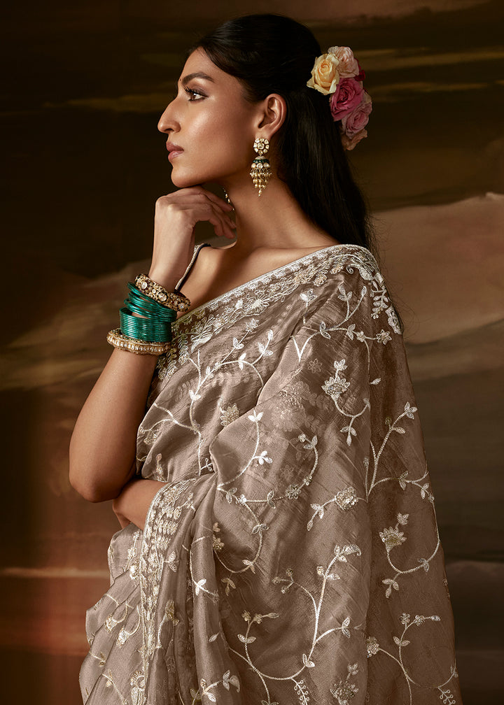 Taupe Grey Organza Saree with Floral Embroidery and Sequin Detailing