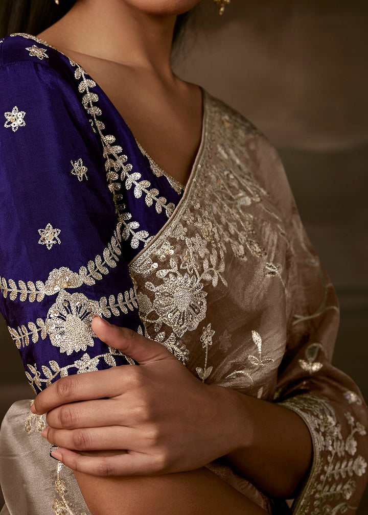 Taupe Grey Organza Saree with Floral Embroidery and Sequin Detailing
