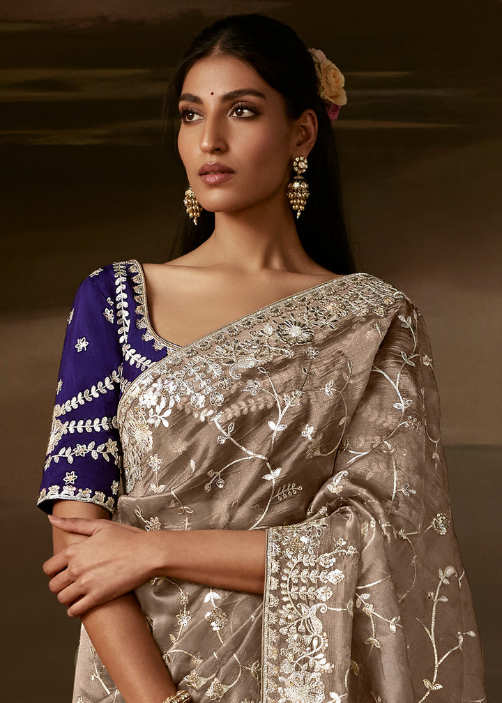 Taupe Grey Organza Saree with Floral Embroidery and Sequin Detailing