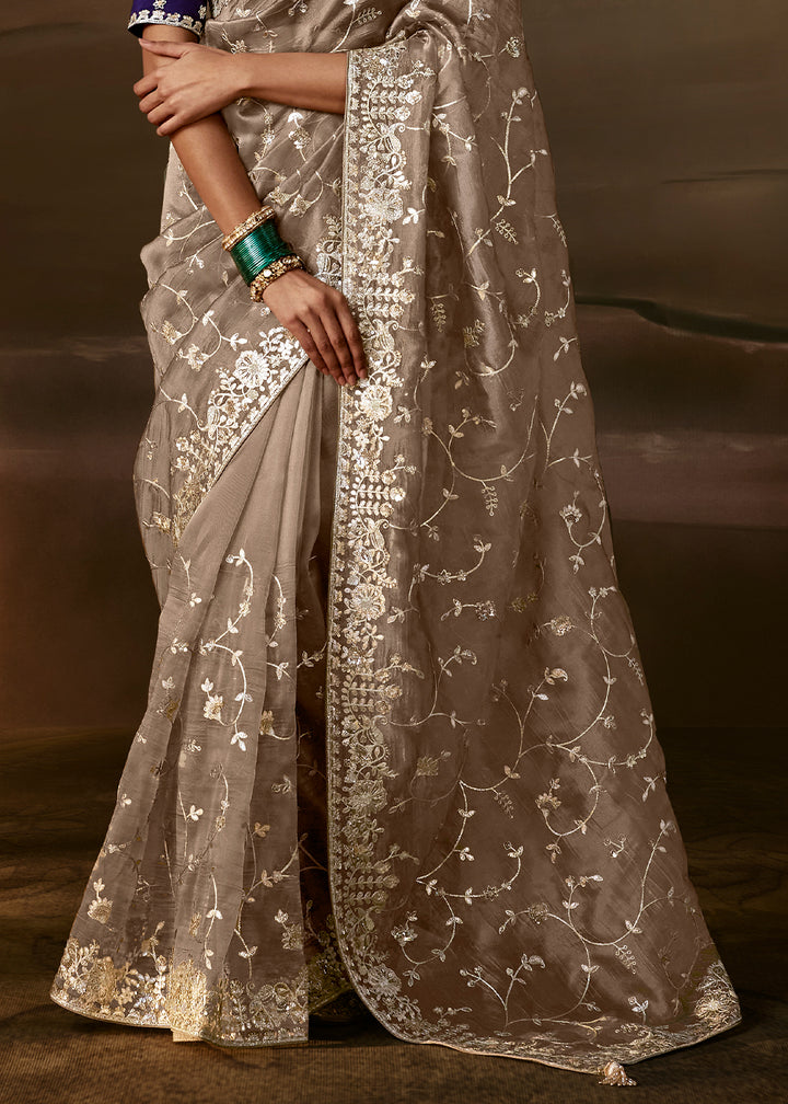 Taupe Grey Organza Saree with Floral Embroidery and Sequin Detailing