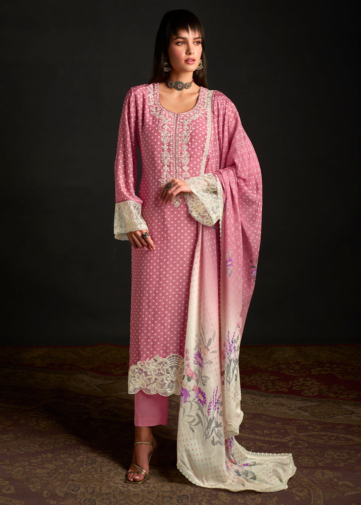 Carnation Pink Digital Printed Muslin Suit with Embroidered Accents