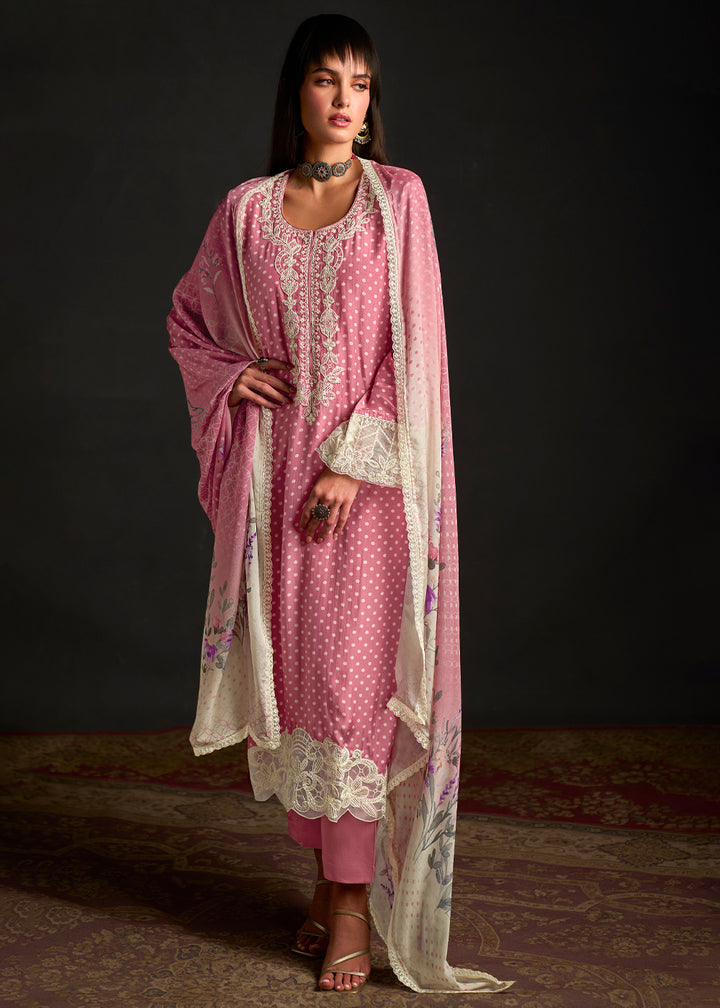 Carnation Pink Digital Printed Muslin Suit with Embroidered Accents