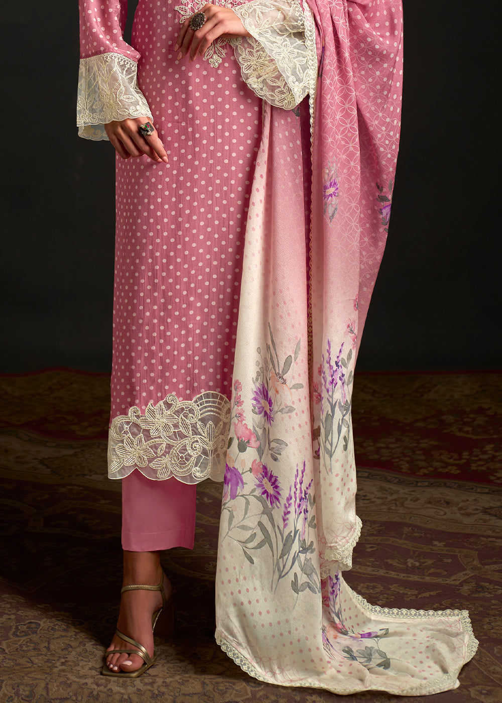 Carnation Pink Digital Printed Muslin Suit with Embroidered Accents