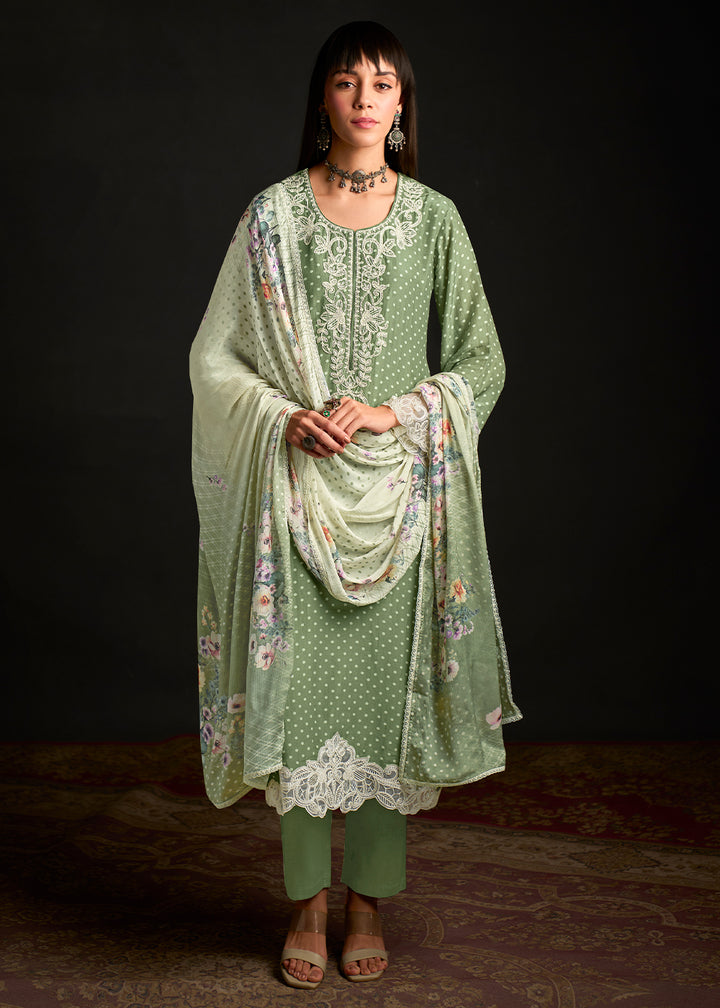 Apple Green Digital Printed Muslin Suit with Embroidered Accents