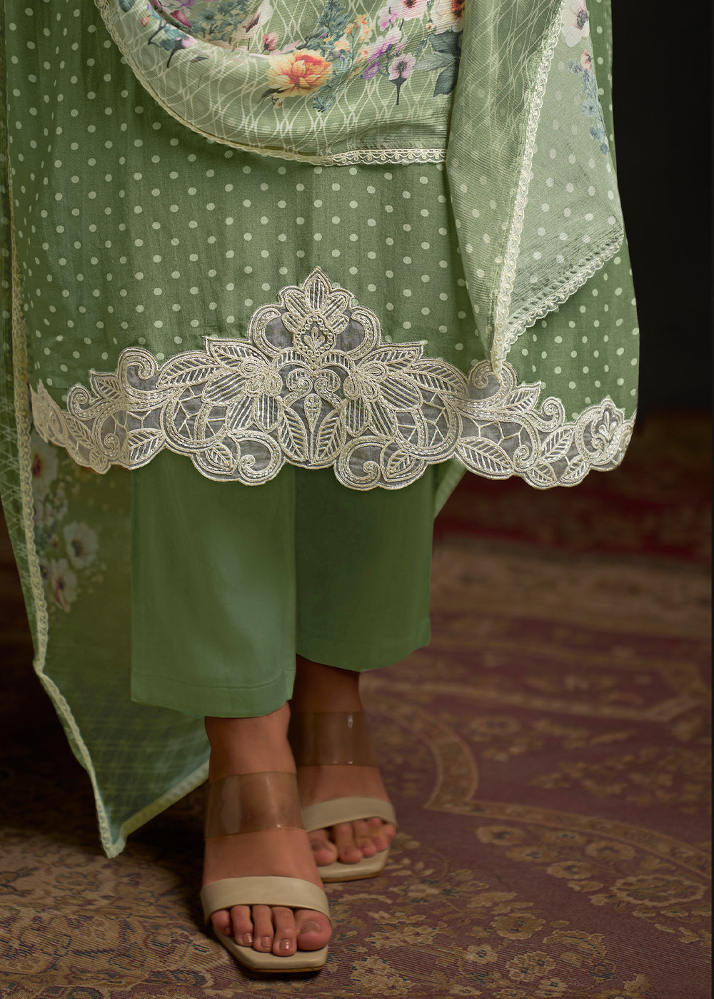 Apple Green Digital Printed Muslin Suit with Embroidered Accents