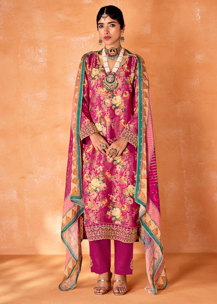 Magenta Pink Muslin Silk Salwar Suit with Stunning Digital Print and Embroidery Work