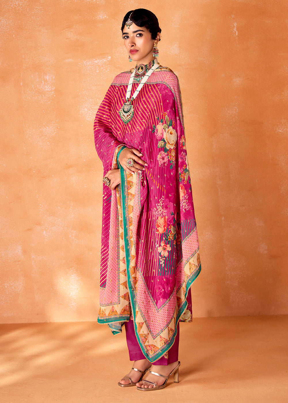 Magenta Pink Muslin Silk Salwar Suit with Stunning Digital Print and Embroidery Work