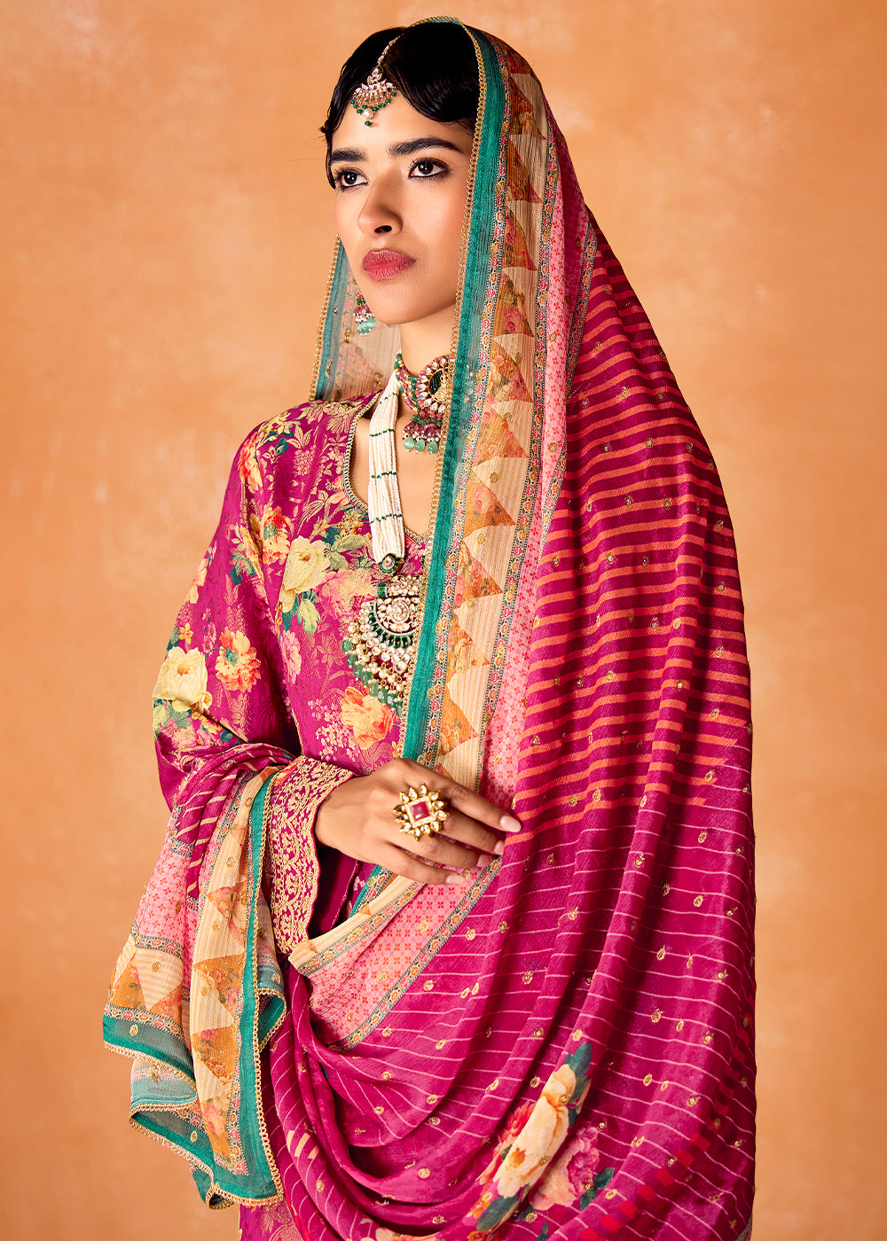 Magenta Pink Muslin Silk Salwar Suit with Stunning Digital Print and Embroidery Work