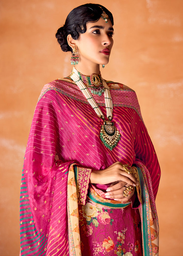 Magenta Pink Muslin Silk Salwar Suit with Stunning Digital Print and Embroidery Work