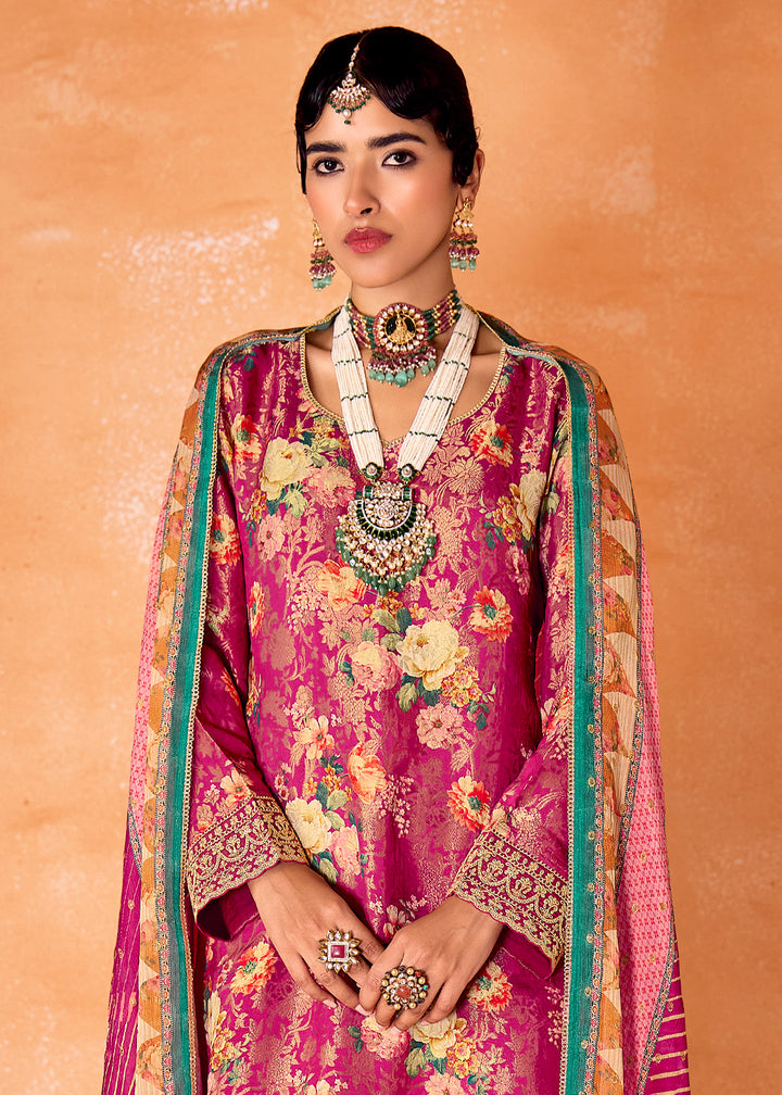 Magenta Pink Muslin Silk Salwar Suit with Stunning Digital Print and Embroidery Work