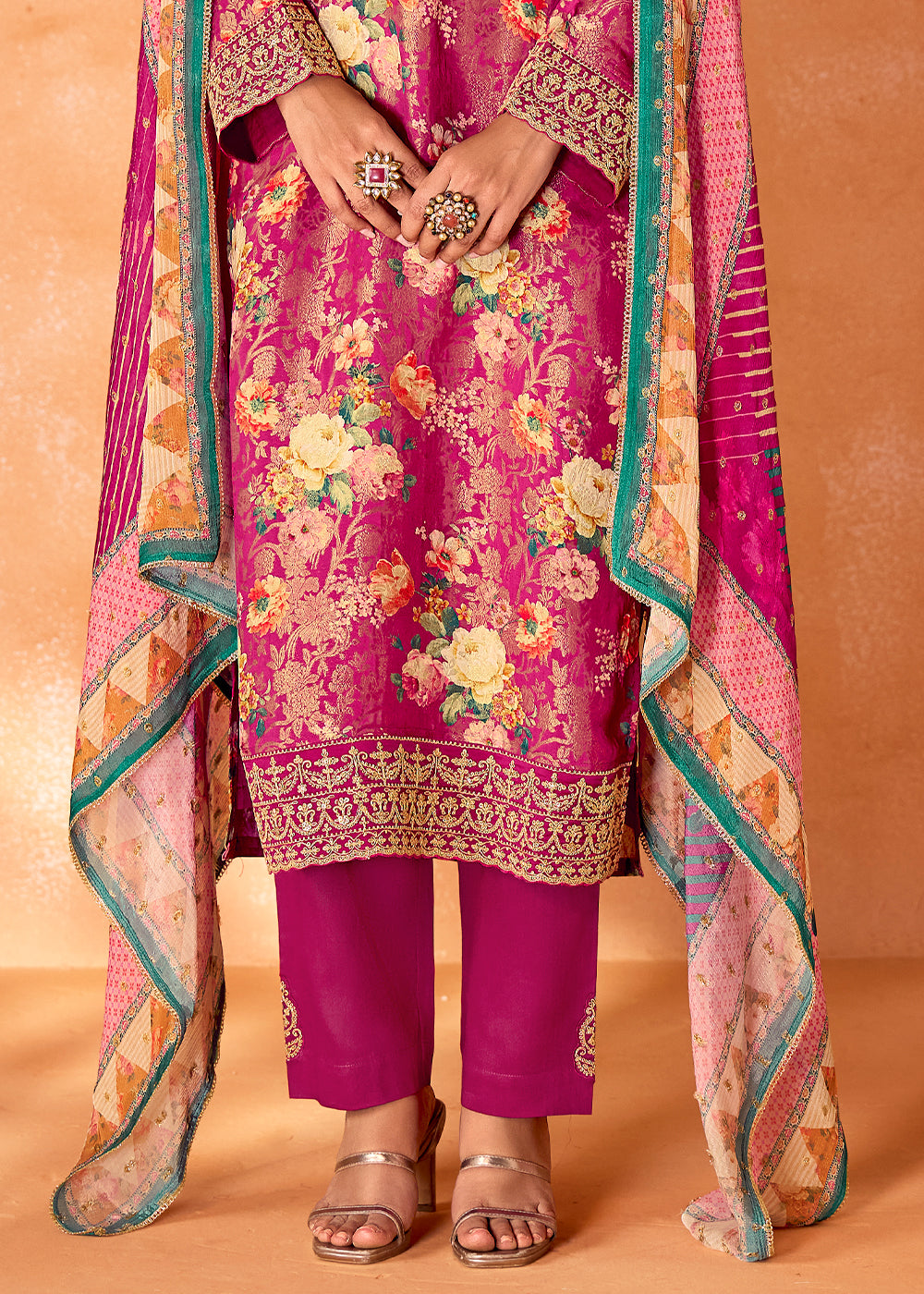 Magenta Pink Muslin Silk Salwar Suit with Stunning Digital Print and Embroidery Work