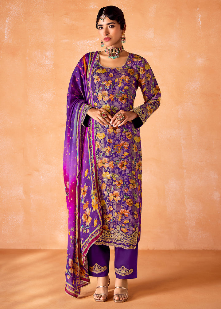 Grape Purple Muslin Silk Salwar Suit with Stunning Digital Print and Embroidery Work