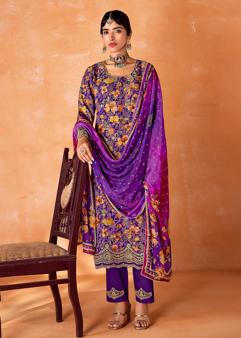 Grape Purple Muslin Silk Salwar Suit with Stunning Digital Print and Embroidery Work