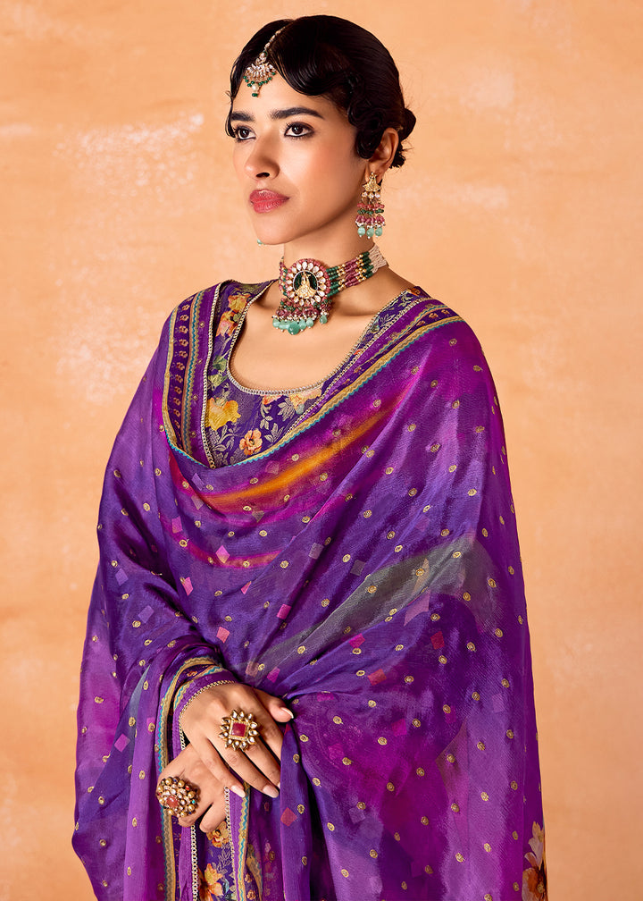 Grape Purple Muslin Silk Salwar Suit with Stunning Digital Print and Embroidery Work