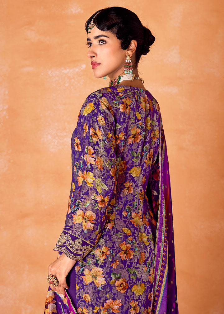 Grape Purple Muslin Silk Salwar Suit with Stunning Digital Print and Embroidery Work