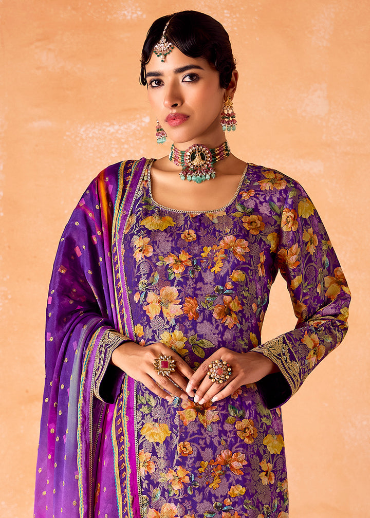 Grape Purple Muslin Silk Salwar Suit with Stunning Digital Print and Embroidery Work