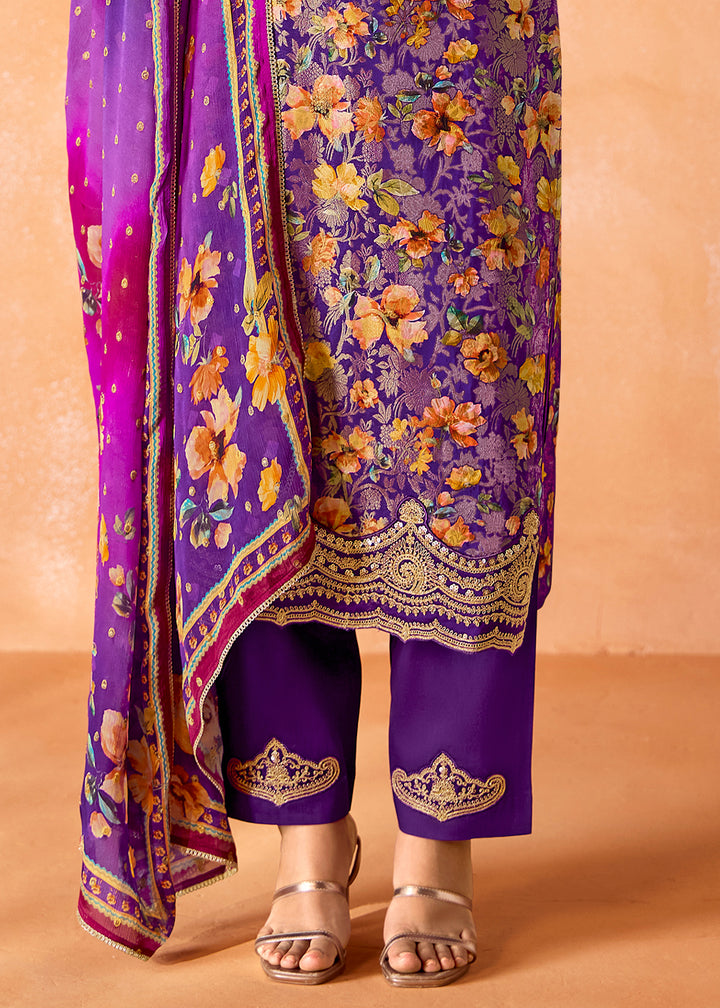 Grape Purple Muslin Silk Salwar Suit with Stunning Digital Print and Embroidery Work