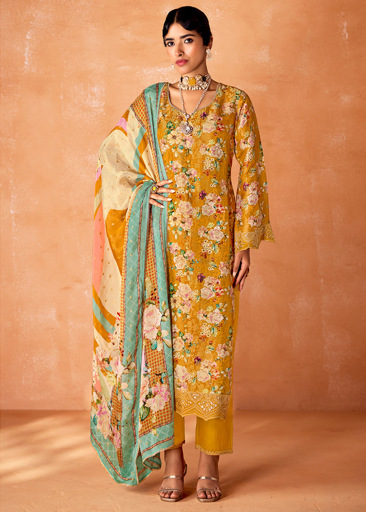 Mustard Yellow Muslin Silk Salwar Suit with Stunning Digital Print and Embroidery Work