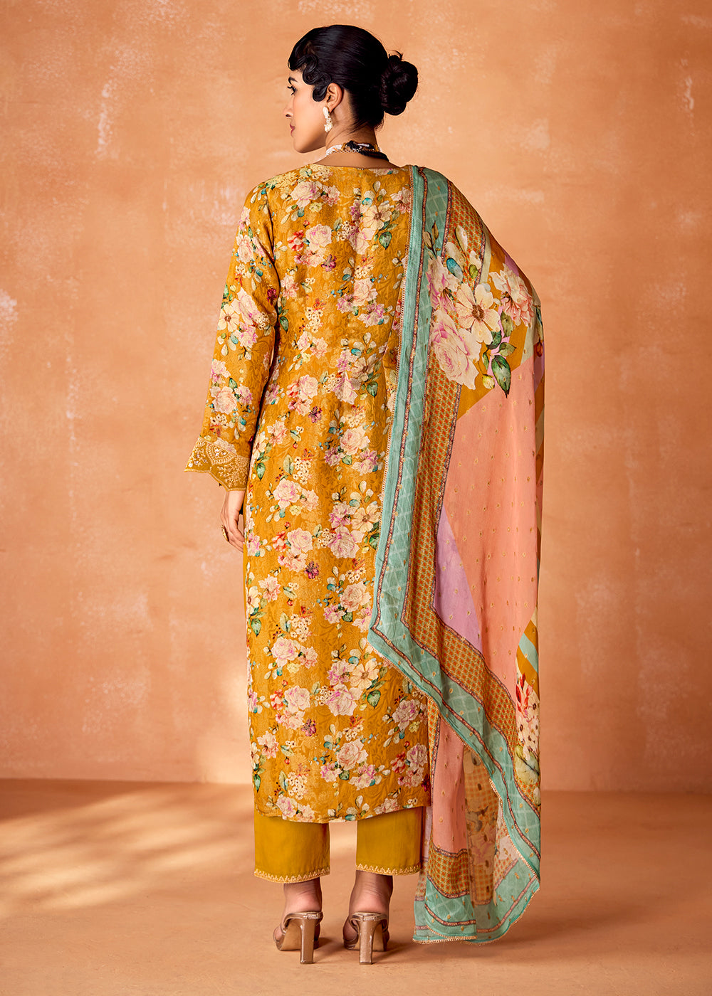 Mustard Yellow Muslin Silk Salwar Suit with Stunning Digital Print and Embroidery Work