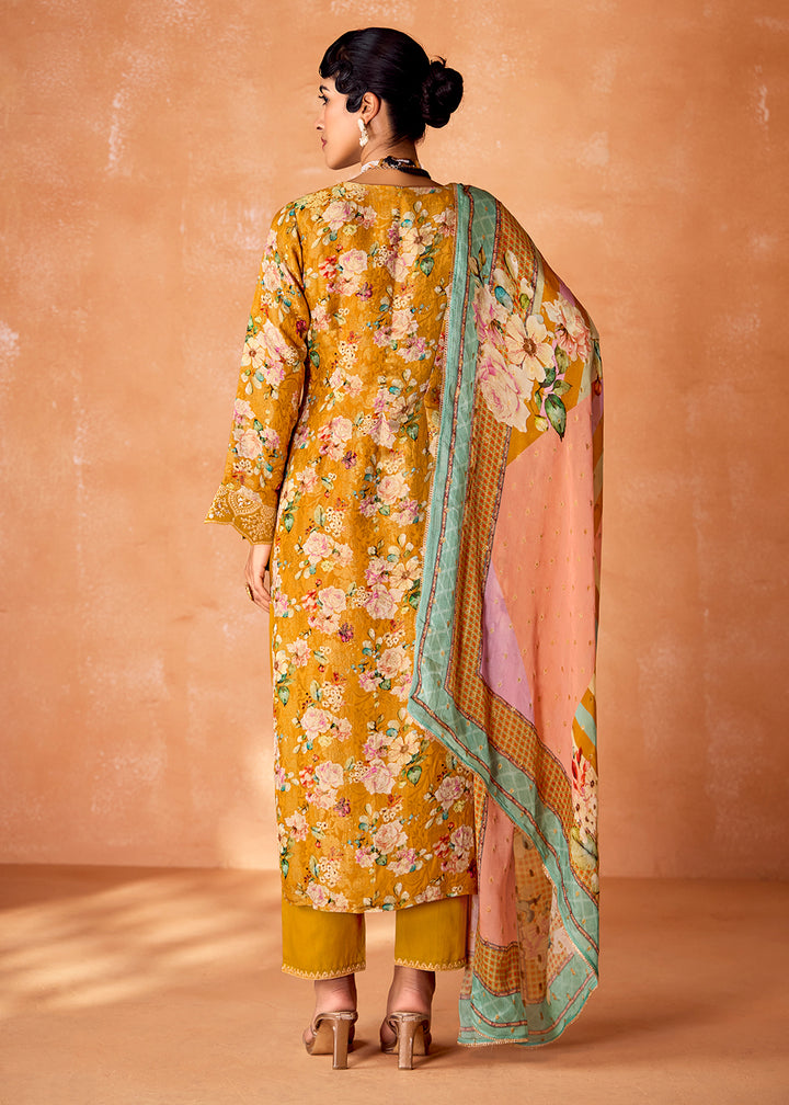 Mustard Yellow Muslin Silk Salwar Suit with Stunning Digital Print and Embroidery Work