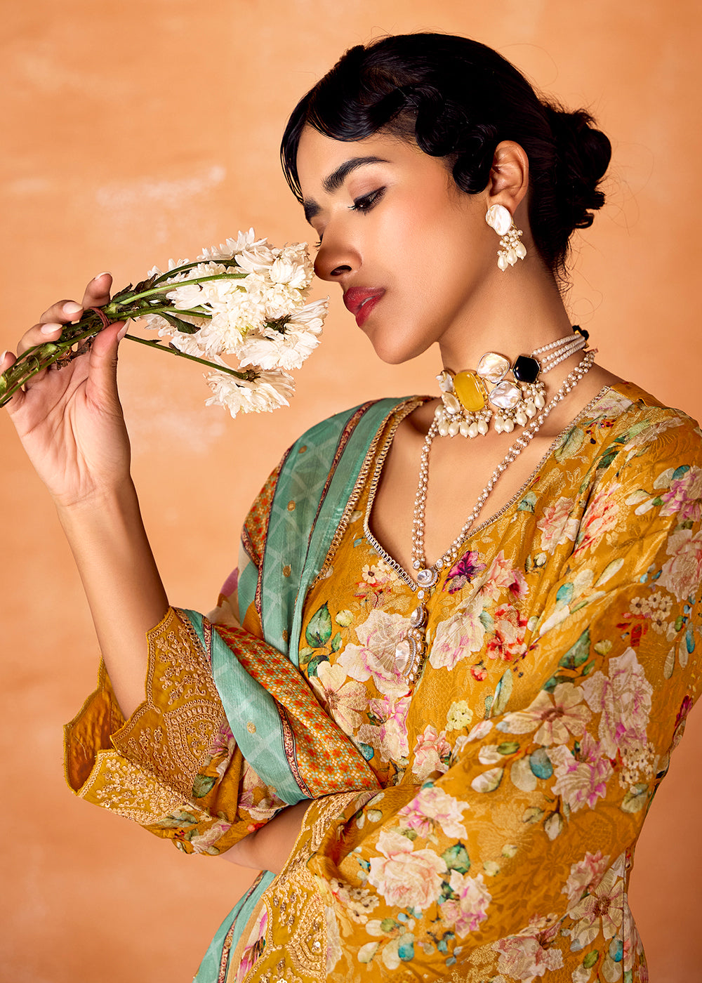 Mustard Yellow Muslin Silk Salwar Suit with Stunning Digital Print and Embroidery Work