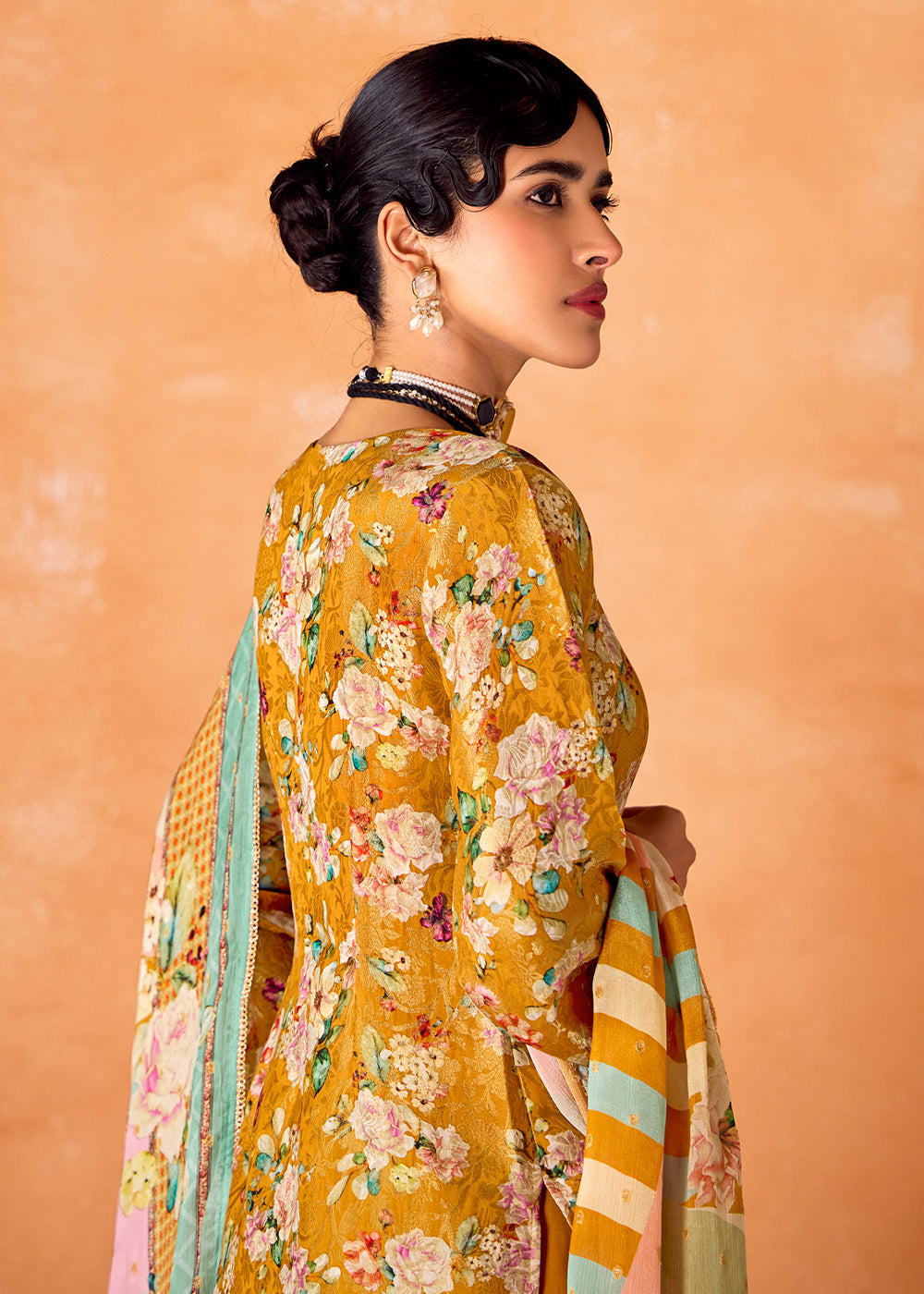 Mustard Yellow Muslin Silk Salwar Suit with Stunning Digital Print and Embroidery Work