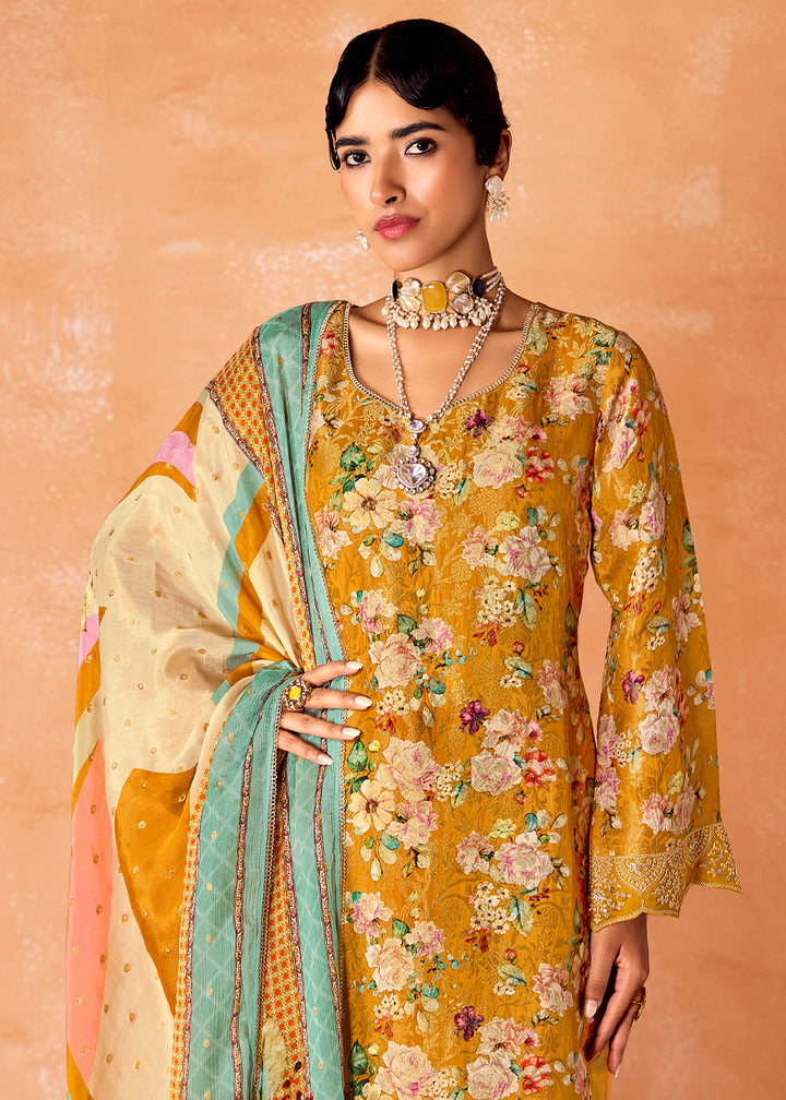 Mustard Yellow Muslin Silk Salwar Suit with Stunning Digital Print and Embroidery Work