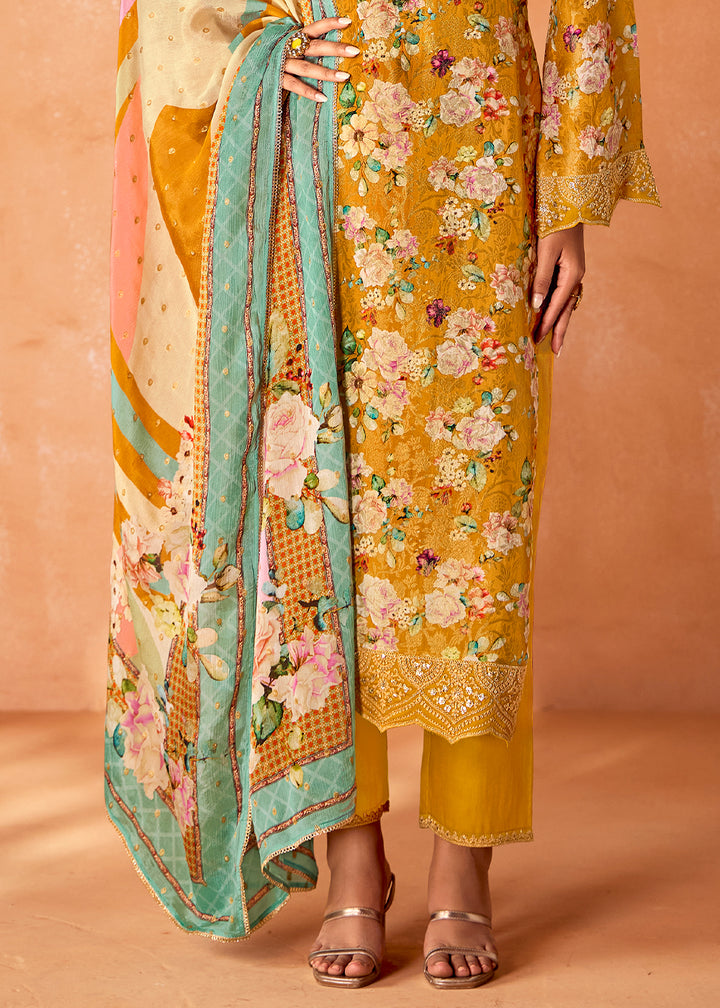 Mustard Yellow Muslin Silk Salwar Suit with Stunning Digital Print and Embroidery Work