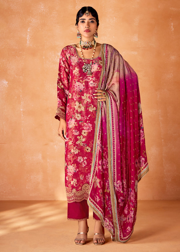 Ruby Pink Muslin Silk Salwar Suit with Stunning Digital Print and Embroidery Work