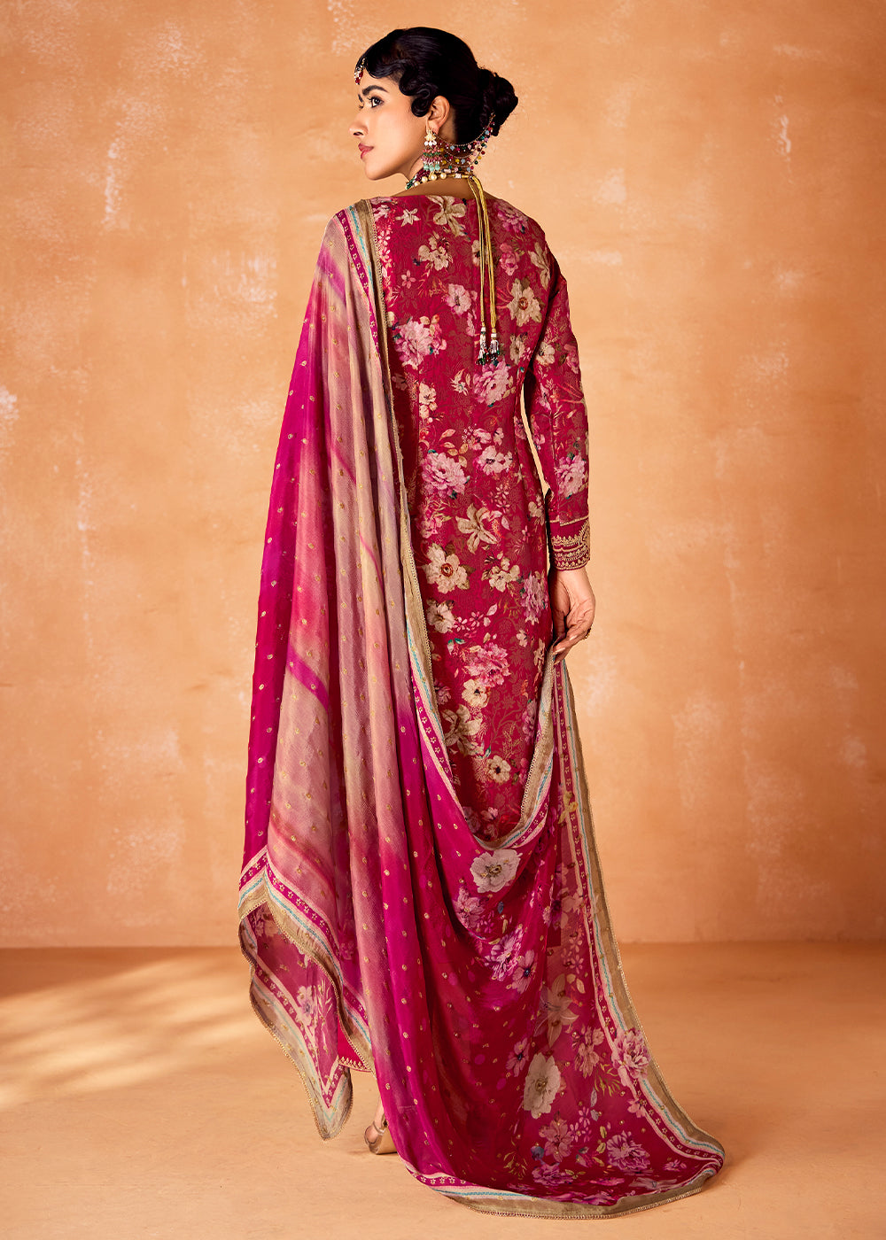 Ruby Pink Muslin Silk Salwar Suit with Stunning Digital Print and Embroidery Work