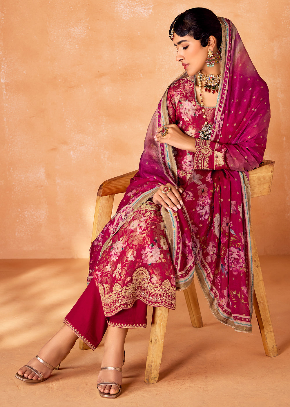 Ruby Pink Muslin Silk Salwar Suit with Stunning Digital Print and Embroidery Work