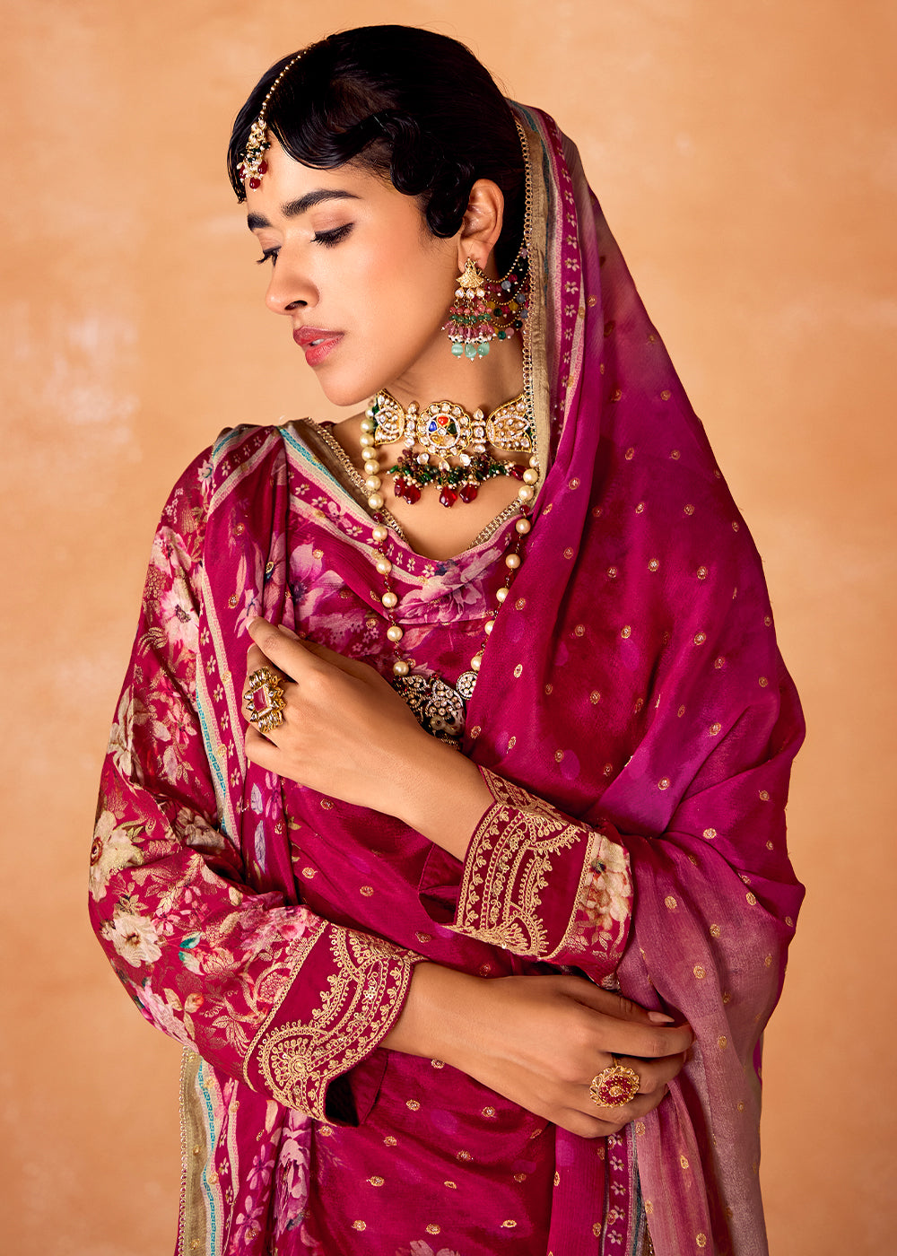 Ruby Pink Muslin Silk Salwar Suit with Stunning Digital Print and Embroidery Work