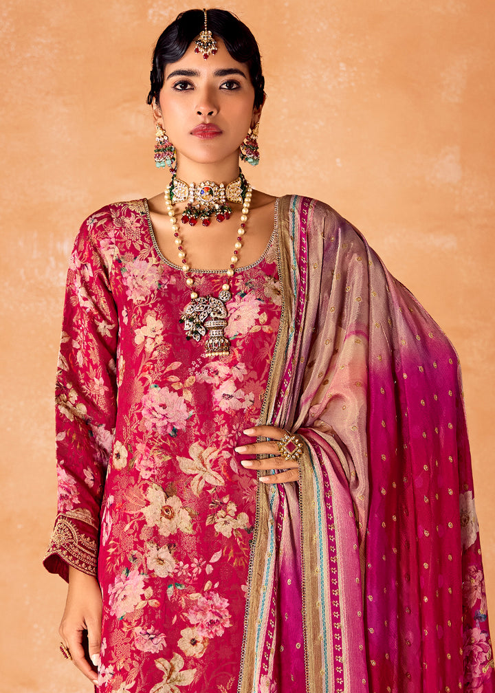 Ruby Pink Muslin Silk Salwar Suit with Stunning Digital Print and Embroidery Work