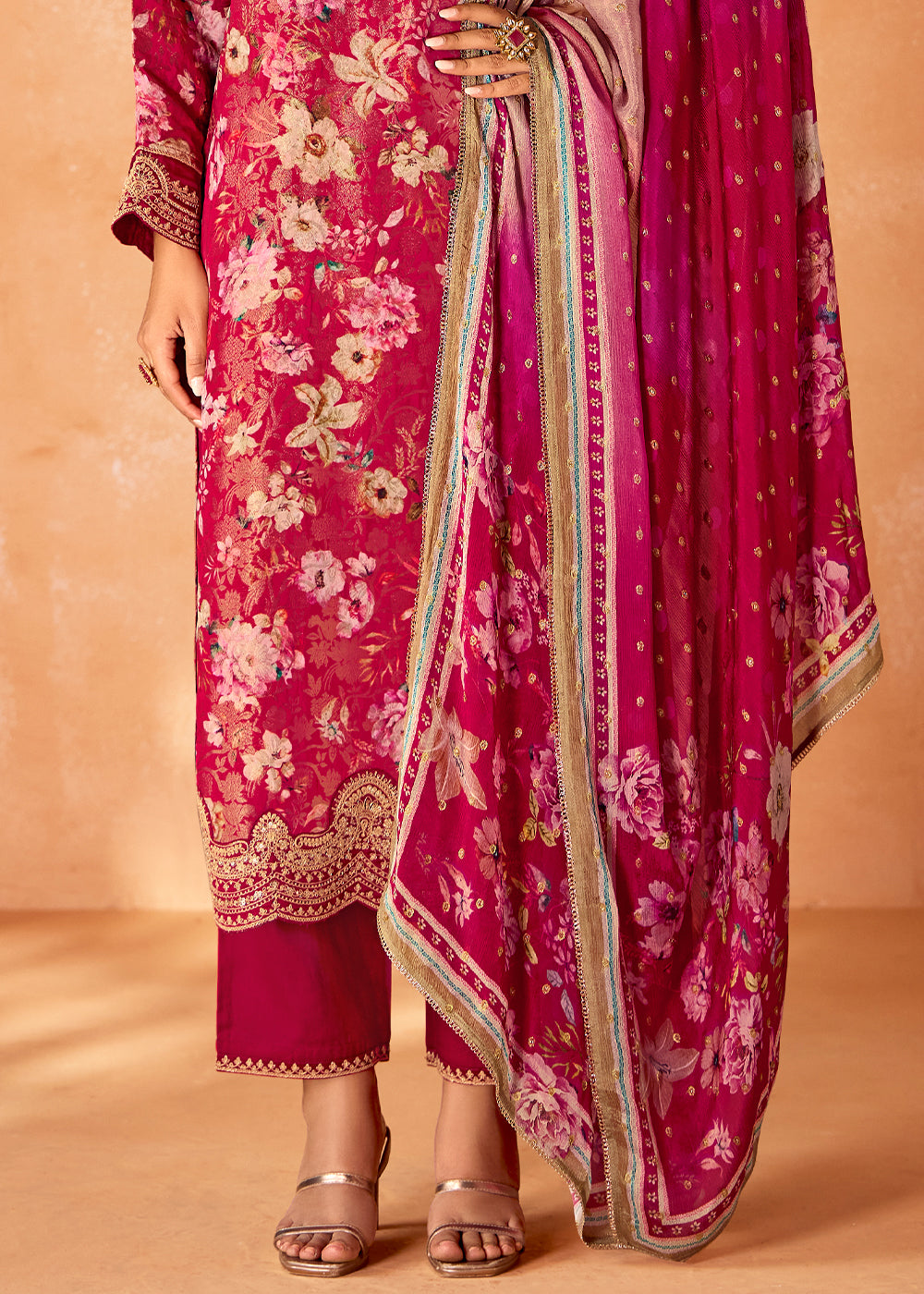 Ruby Pink Muslin Silk Salwar Suit with Stunning Digital Print and Embroidery Work