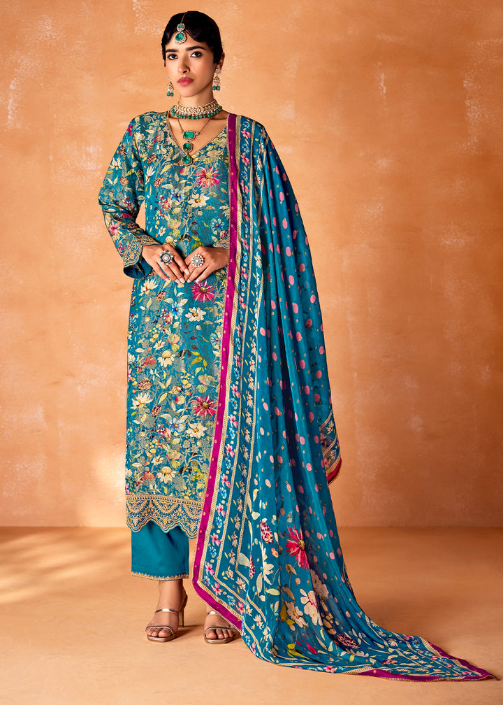 Azure Blue Muslin Silk Salwar Suit with Stunning Digital Print and Embroidery Work