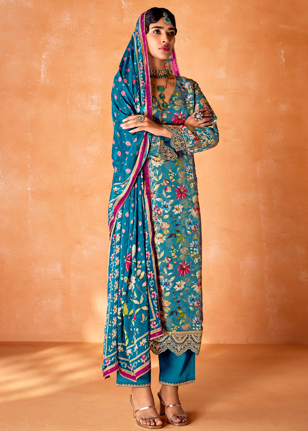 Azure Blue Muslin Silk Salwar Suit with Stunning Digital Print and Embroidery Work