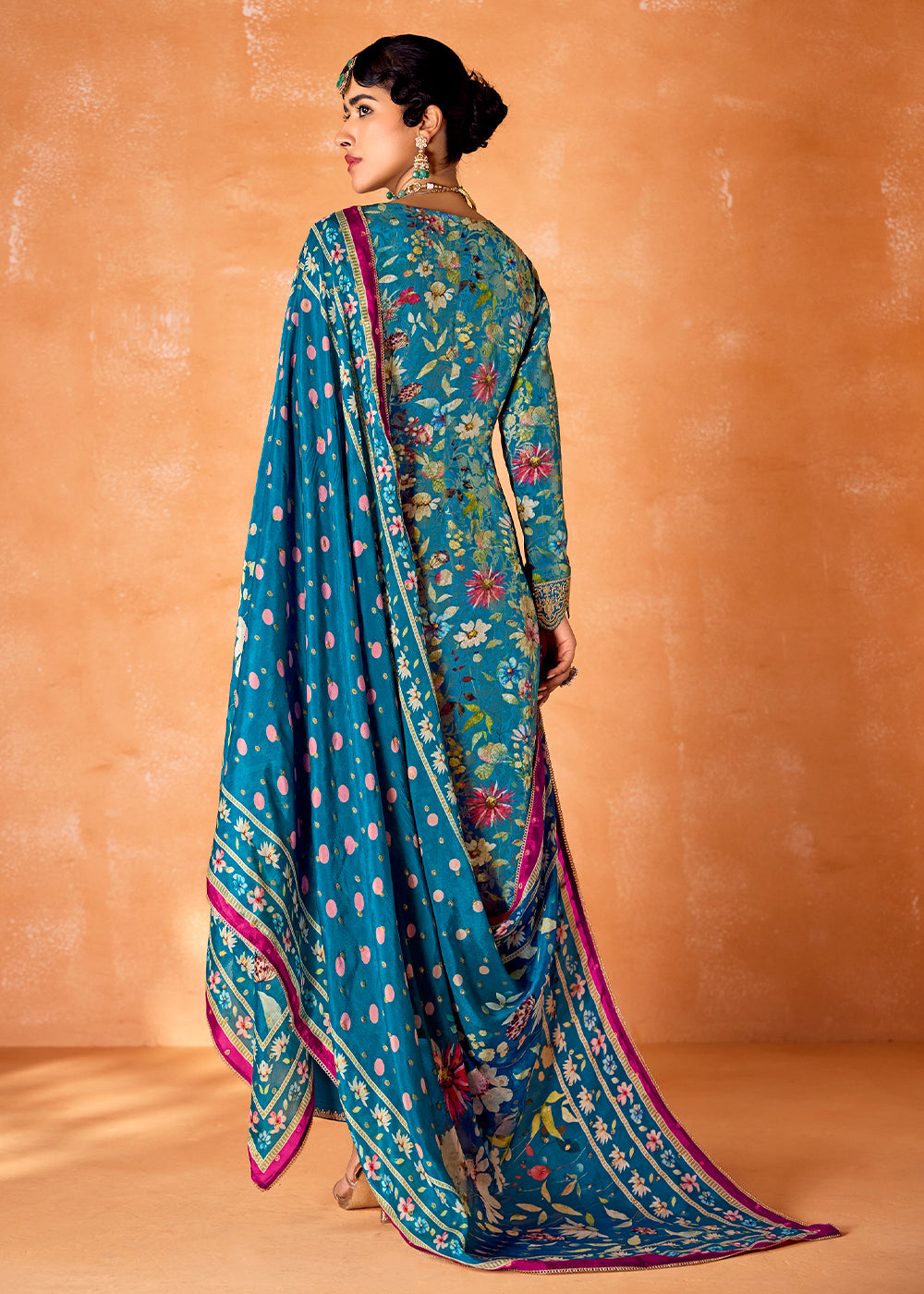 Azure Blue Muslin Silk Salwar Suit with Stunning Digital Print and Embroidery Work