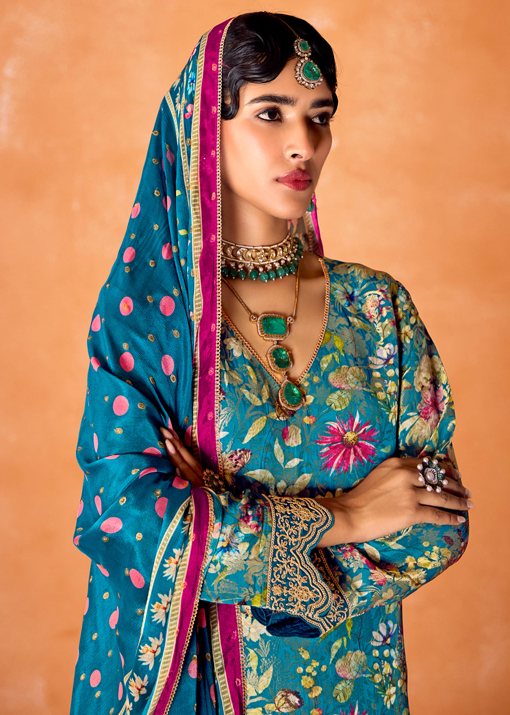 Azure Blue Muslin Silk Salwar Suit with Stunning Digital Print and Embroidery Work