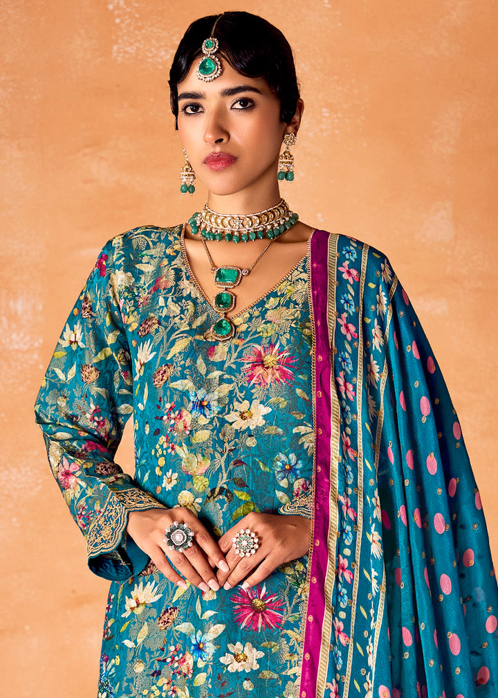 Azure Blue Muslin Silk Salwar Suit with Stunning Digital Print and Embroidery Work