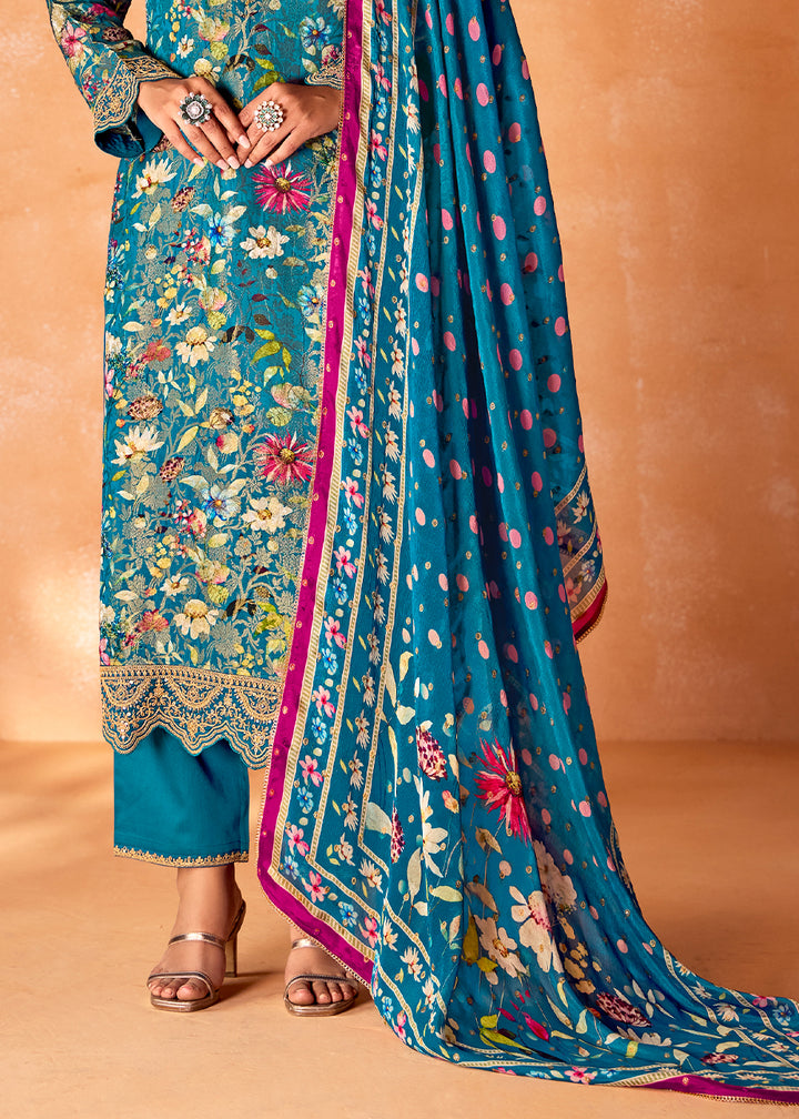 Azure Blue Muslin Silk Salwar Suit with Stunning Digital Print and Embroidery Work