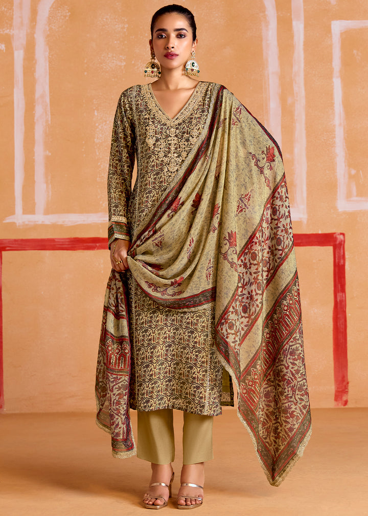 Shades Of Brown Muslin Salwar Suit with Zari & Embroidery Accents