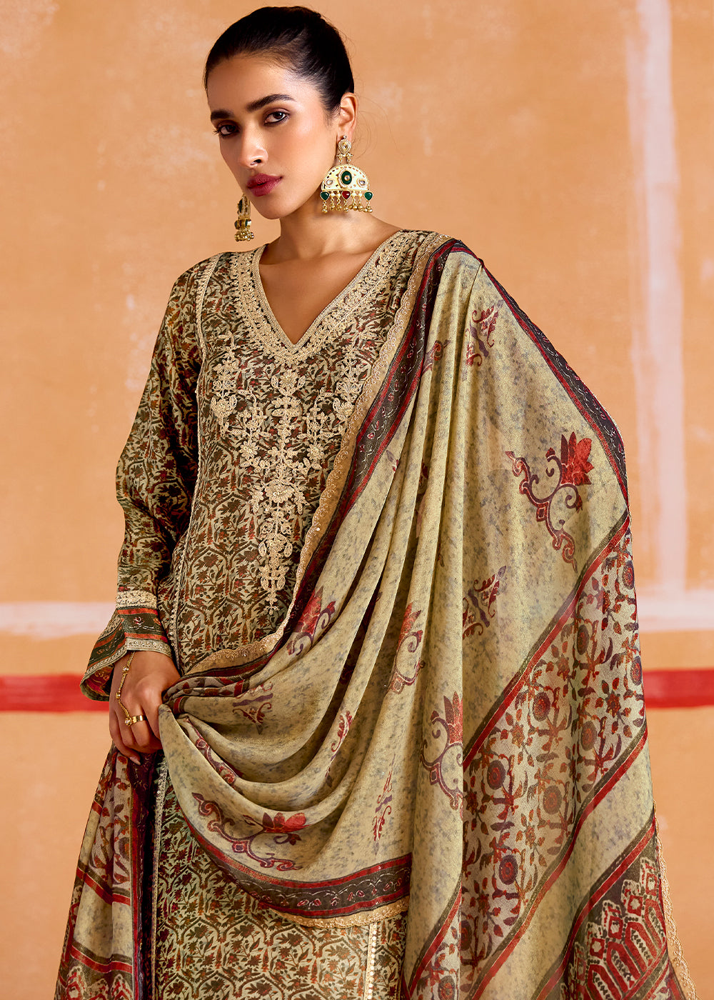 Shades Of Brown Muslin Salwar Suit with Zari & Embroidery Accents