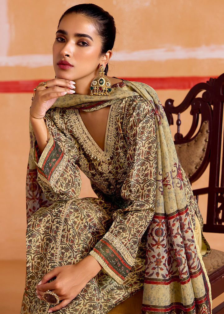 Shades Of Brown Muslin Salwar Suit with Zari & Embroidery Accents