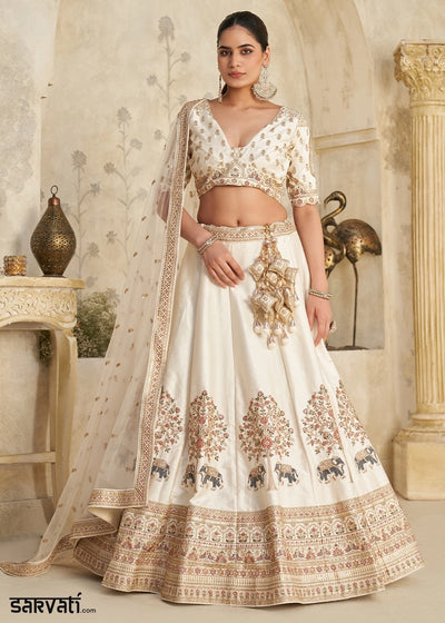 Ivory White Silk Lehenga Choli with Elephant Motifs & Zari Embroidery