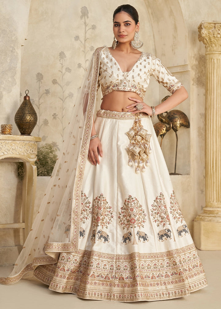 Ivory White Silk Lehenga Choli with Elephant Motifs & Zari Embroidery
