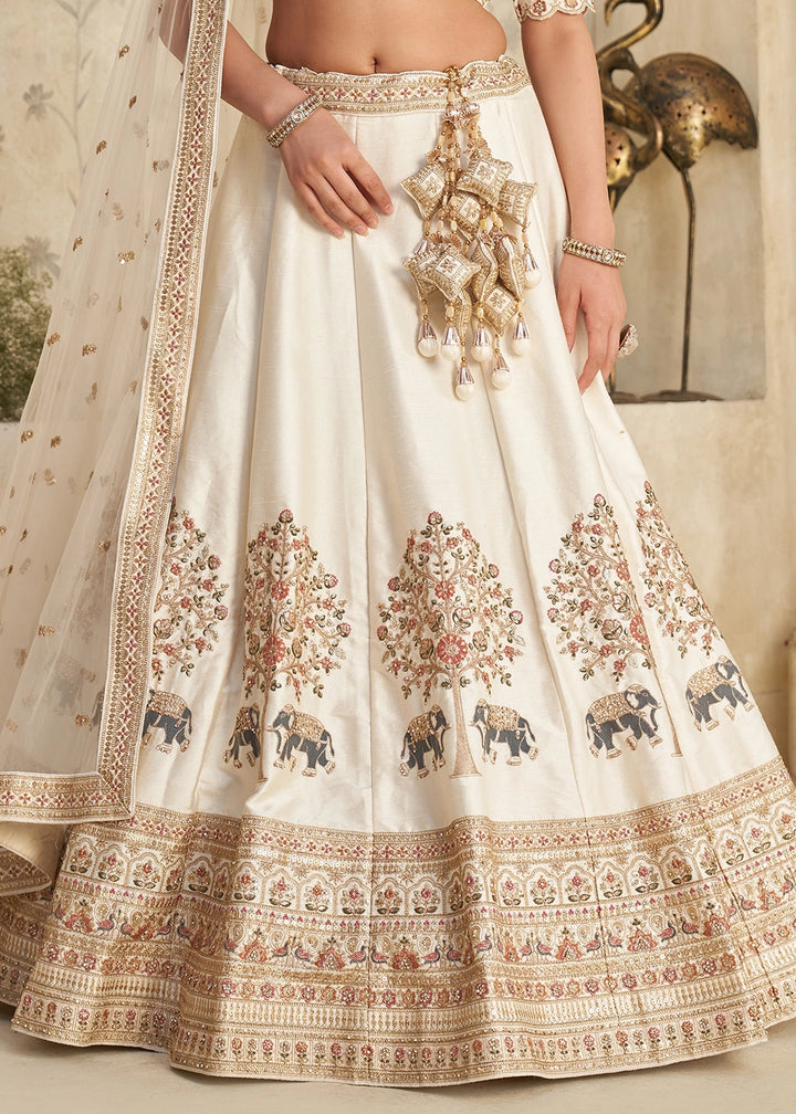 Ivory White Silk Lehenga Choli with Elephant Motifs & Zari Embroidery
