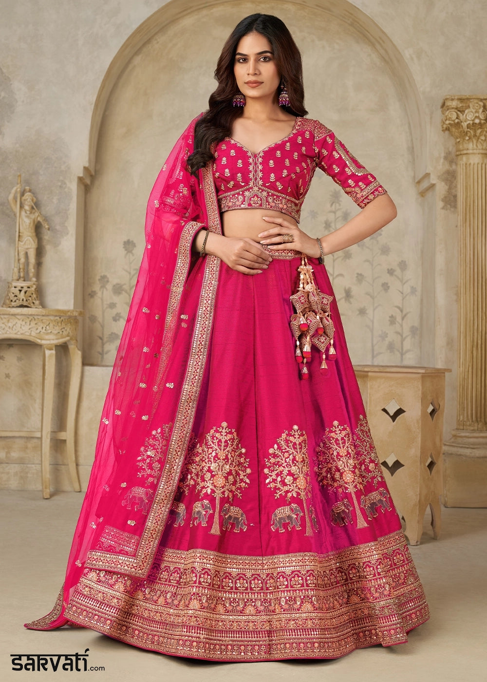 Magenta Pink Silk Lehenga Choli with Elephant Motifs & Zari Embroidery